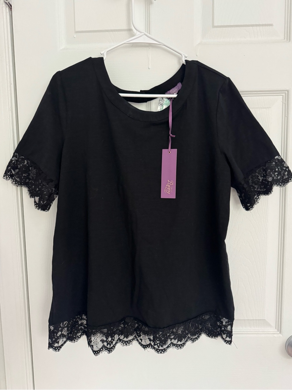 Trulla Poppy Black Short Sleeve Tee with Lace Trim